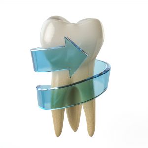 Tooth protection concept. Teeth with blue arrow.